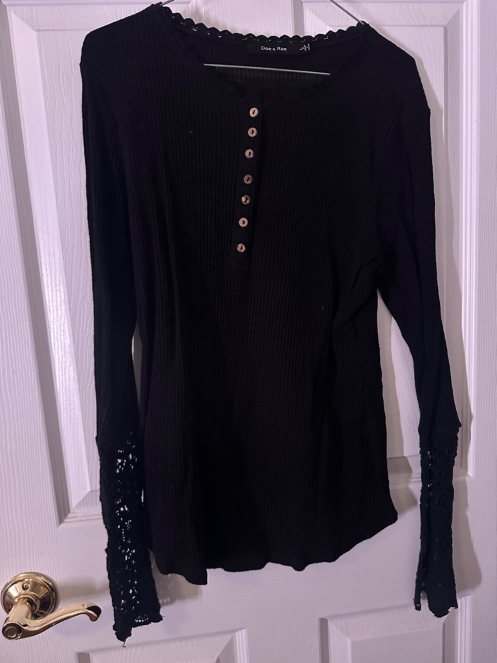 Doe & Rae Black Ribbed Henley with Lace Cuff Long Sleeve Top